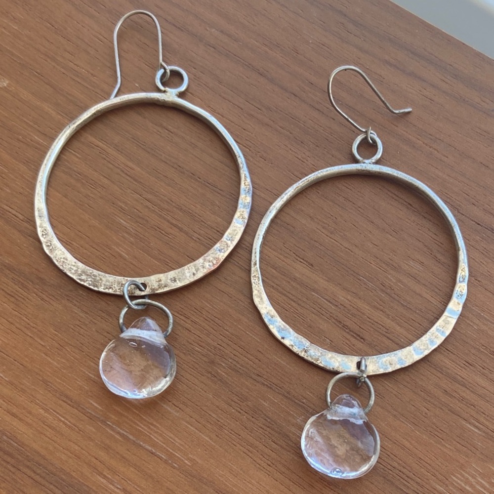 Silver Hoop Earrings with Clear Quartz briolette.  -